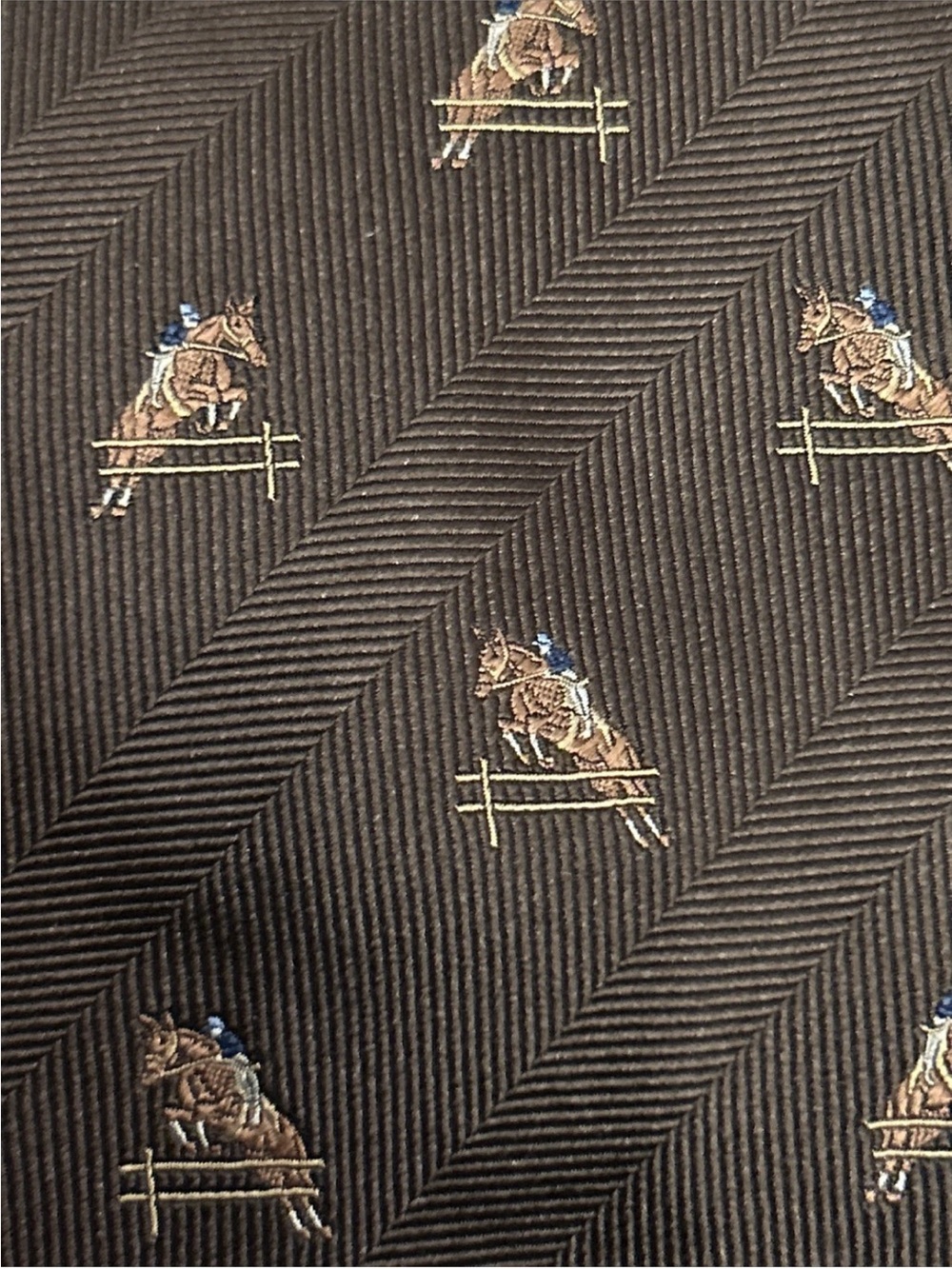Brooks Brothers Markers Equestrian Brown Tie Horse and Rider Leaping Over Fence